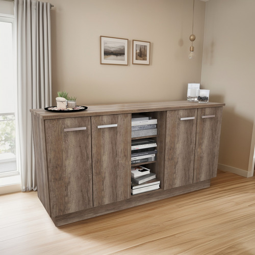 Bahiut Comoda Mueble Con Estantes 4 Puertas Vajillero Delos Roble Nebraska Gris