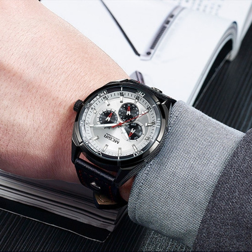 Relojes de cuarzo Megir Calender Leather Business, color de fondo blanco