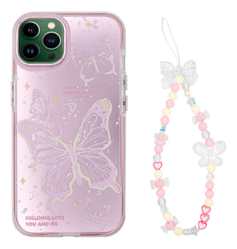 Protector iPhone 13 Pro Diseño Mariposas Rosa Con Correa