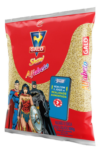 Macarrão de Sêmola Alfabeto Galo Show Pacote 500g Vem com Jogo de Realidade Aumentada Justice League