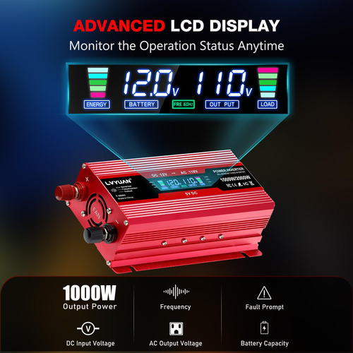 Convertidor De Corriente Para Carro Lvyuan 1000w 12v A 110v