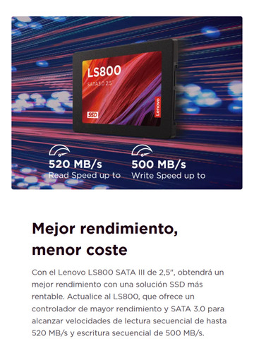 Disco Duro Sólido Interno Ssd Lenovo Ls800 480gb 520/500 Mbs Negro