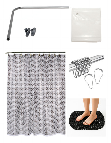 Combo Cortina De Baño + Barral Curvo + Ganchos + Alfombra Gris Oscuro Venecita Gris