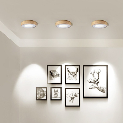 Imagen 4 de 10 de Plafon Madera Led Redondo 12w Dormitorio Living Cocina Panel
