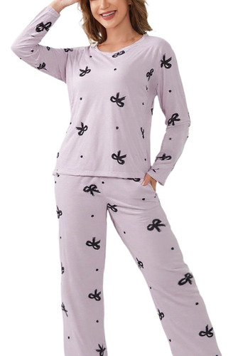 2pzs Conjunto De Pijama Casual Manga Larga Estampado Mujer
