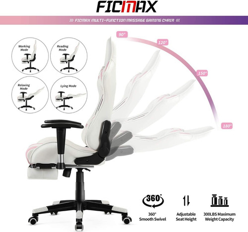 Silla Gamer Gaming Ficmax Vibración Apoya Pies Rosa Y Blanco