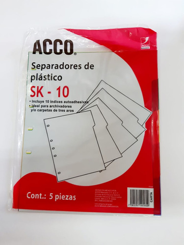 Separador De Plástico Para Carpeta Acco C/5 Piezas