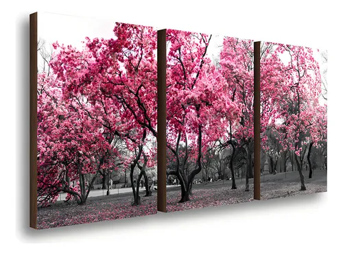 Kit de 3 marcos decorativos Ipê Pink Trees 40x60 cm Color del marco marrón oscuro