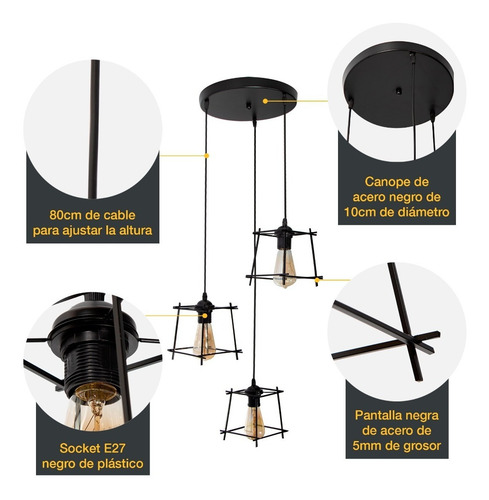 Lámpara Colgante Vintage Negro Mate 60w E27 3 Luces