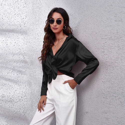 Increíble Cuello V Blusa Satén Moda Casual Elegante Diseños