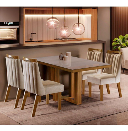 Conjunto Sala De Jantar Mesa Tampo Em Mdf E Vidro 4 Cadeiras