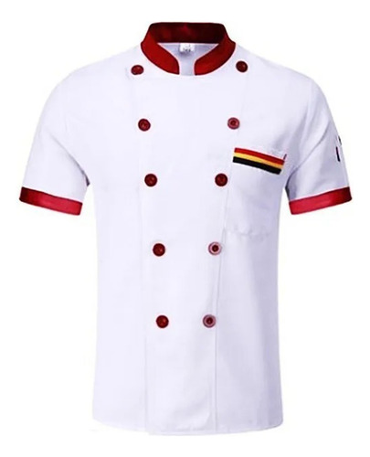 Uniforme De Chef De Manga Corta Cuello Rojo Blanco Doble