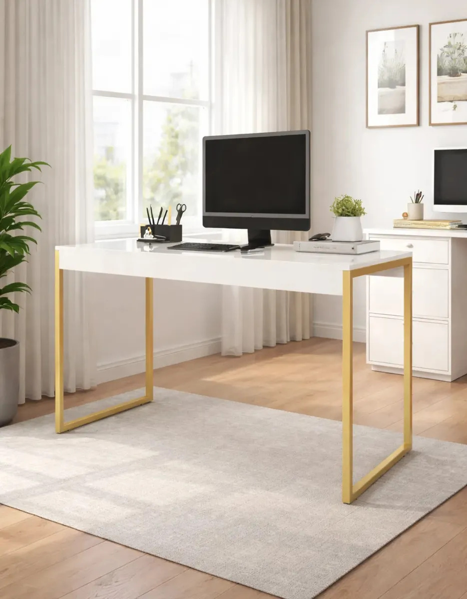 Mesa Escrivaninha 90cm Para Escritório Home Office Mdp Ferro Off White/dourado