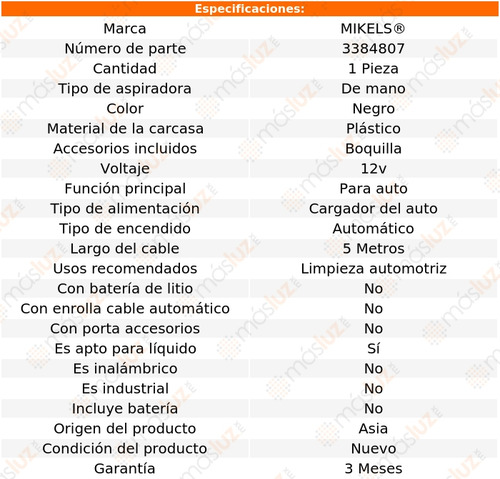 Aspiradora Para Auto Mikels Alto Poder Aa-12
