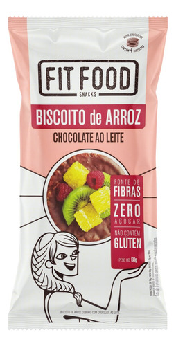 Biscoito de Arroz Integral Cobertura Chocolate ao Leite Zero Açúcar Fit Food Pacote 60g