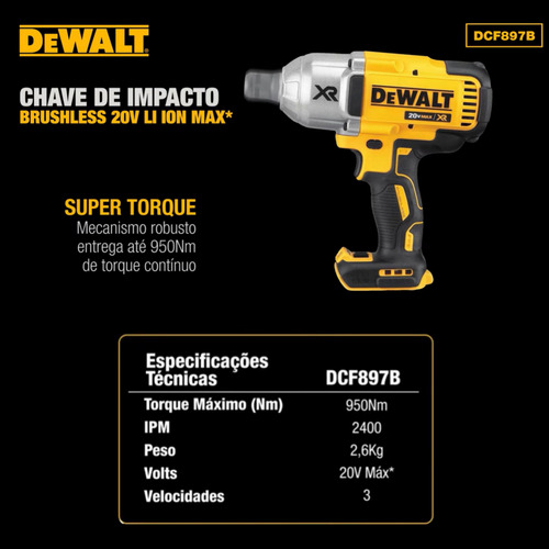 Chave Impacto 3/4 950nm Dcf897b-b3 20v Max Sem Bateria
