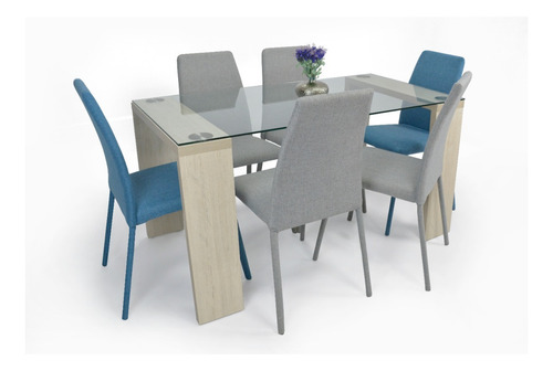 Set Comedor Milan Bali 6 Puestos - Sillas Tela Color Plata- Azul