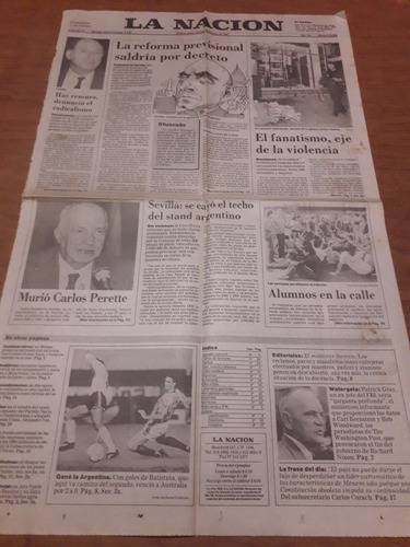 Tapa Diario La Nación 19 06 1992 Perette Rosario Batistuta (Usado)