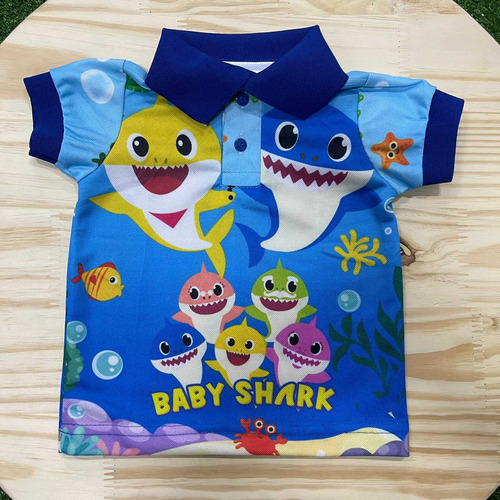 Camiseta Polo Baby Shark Azul Infantil Festa Aniversário
