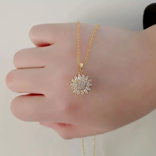 Collar Girasol Giratorio Con Zircones Acero Inoxidable +caja
