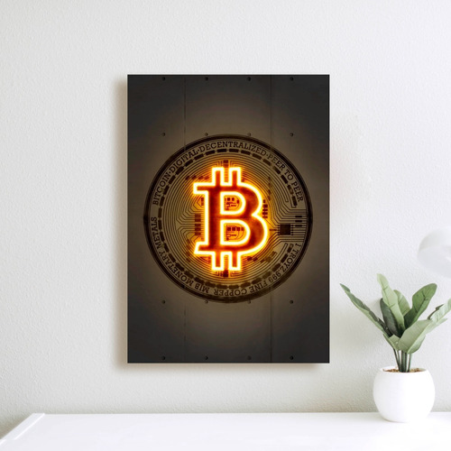 Cuadro Bitcoin Diseño Neón 50 X 35 Cm Canvas Decorativo