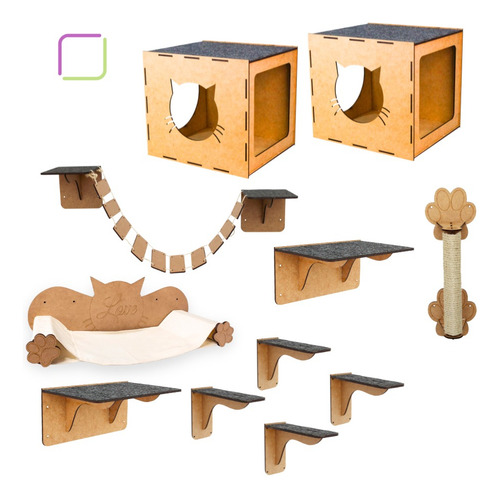 Kit Playground de Gatos 11 Peças Boxfan Parquinho Brinquedo Para Gato com Prateleiras Rede Arranhador Toca Nicho Ponte e Degraus