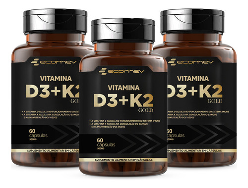 3x Vitamina D3 2.000ui + K2 Mk7 149mcg 180 Cápsulas - Ecomev Sabor Sem sabor
