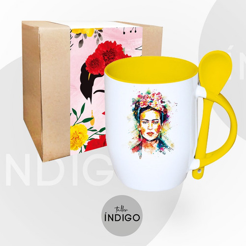 Mug Frida Kahlo Cerámica  Cuchara + Empaque Personalizado