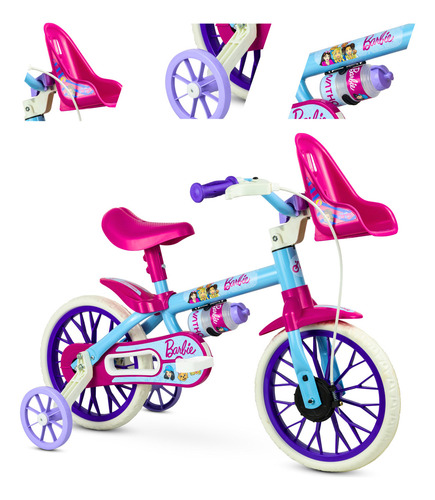 Bicicleta Infantil Aro 12 Garrafinha Cestinhas Barbie Nathor Cor Rosa-chiclete Tamanho do quadro 53 cm