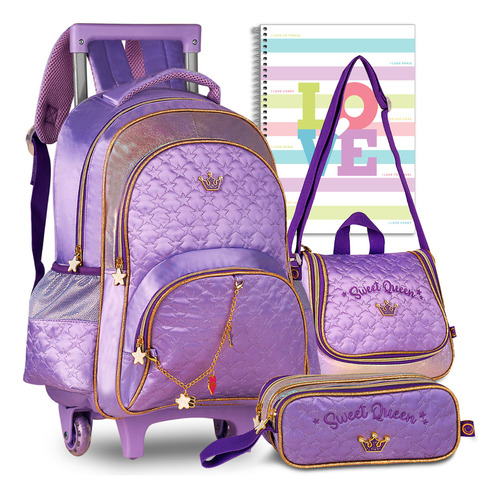 Kit Mochila Infantil Sweet Queen Feminina Escolar Rodinhas