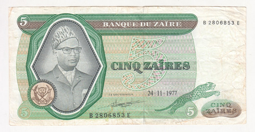 Billete Zaire 5 Zaires 1977 (c85)