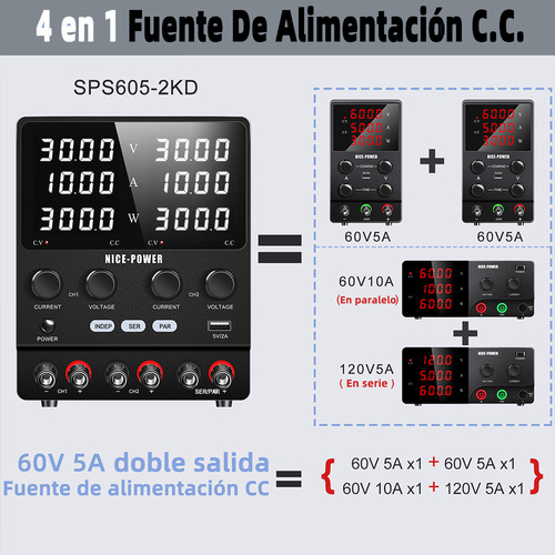 Nice-Power SPS605-2KD 4 En 1 Doble Canal Fuente De Alimentación Regulable 60v 5a One-touch series-parallel connection