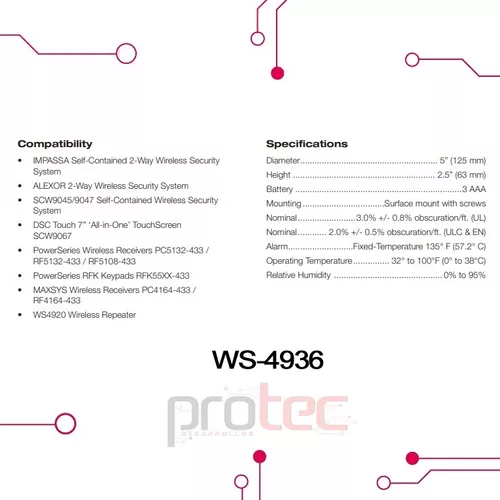 Detector de humo fotoeléctrico inalámbrico WS4936 Marca: DSC