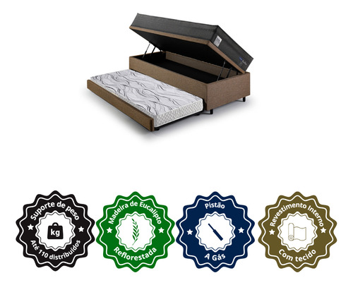 Bicama Box Baú Solteiro com Colchão Molas Ensacadas Berlim Preto Probel Linho Marrom 88x188