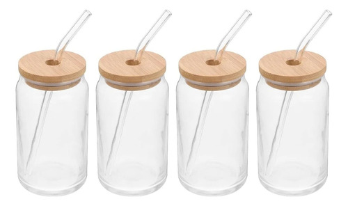 Pack 4 Vasos Lata De Vidrio Con Bombilla Tapa De Bambu 350ml