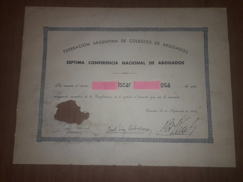 Antiguo Diploma Colegio De Abogados 23 Septiembre 1965