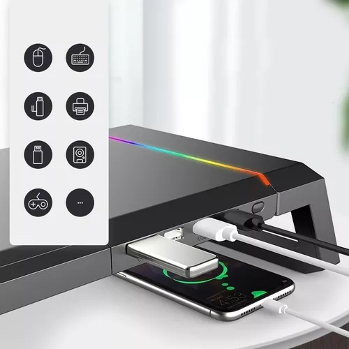 Conceptronic Soporte Elevador Gaming para Monitor - 4 Puertos USB-A 2.0 -  Iluminacion RGB Ajustable - Cajon y Soporte para Smartphone - Peso Max 10kg