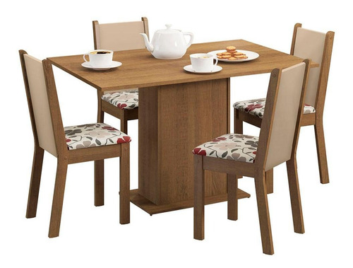 Sala Jantar Madesa Talita Mesa Tampo Madeira 4 Cadeiras Rch Cor Rustic/Crema/Floral Hibiscos 045677GX4TFLH