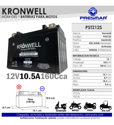 Imagen 2 de 10 de Bateria Moto Gel Kronwell Corven Touring 250 Ytz12s