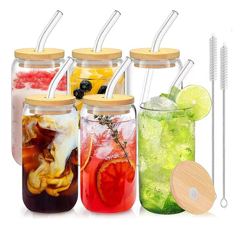 Juego De 6 Vasos De Vidrio De 500 Ml Con Tapa De Bambú Y