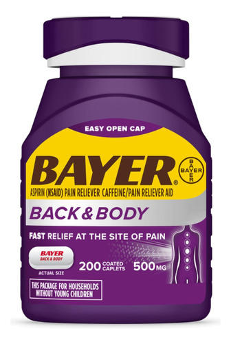 Bayer Aspirina Cafeina Espalda Y Cuerpo 200 Cápsulas 500 Mg Sabor Sin