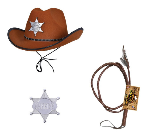 Combo Disfraz Vaquero Cowboy Latigo Sheriff Estrella Gorro