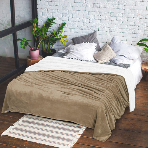 Manta Sherpa Tamaño Matrimonial Reversible Forro Polar Cafe Café Liso