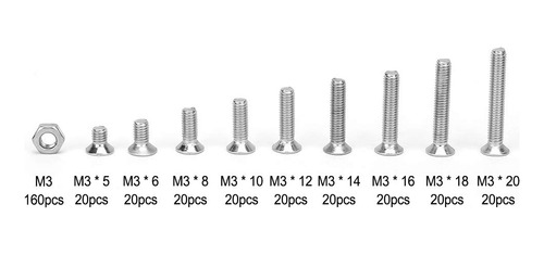 340pcs M3 Acero Inoxidable Cruz Tornillo De Cabeza Plana, To