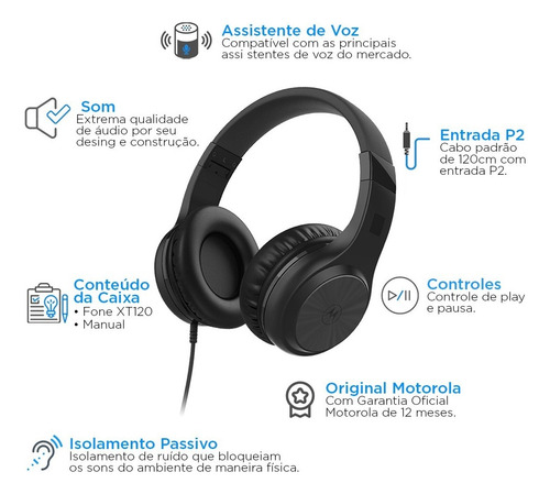 Fone de Ouvido Com Fio XT120 Som HD Preto - Motorola