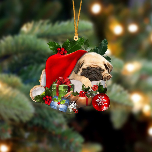 Fawn Pug Durmiendo Sombrero Adorno Colgante Navidad Caja