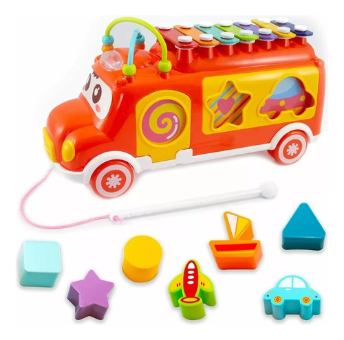 Bus Piano Con Encastre Didactico Bebes Huanger He8023 Color Rojo