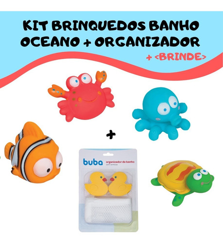 Imagem 1 de 6 de Kit Brinquedo Bichinhos Banho Oceano+ Saco Organizador Buba
