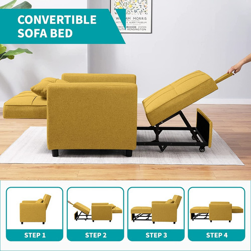 Sofa Futon Cama Plegable 3 En 1 Linen Amarillo Marca Balus