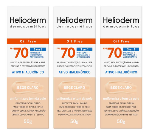 Kit 3un Protetor Facial Fps 70 Bege Claro 50g - Helioderm